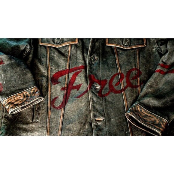 Vintage smoke gray distressed leather bomber jacket rivet closures hand painted - Picture 8 of 13
